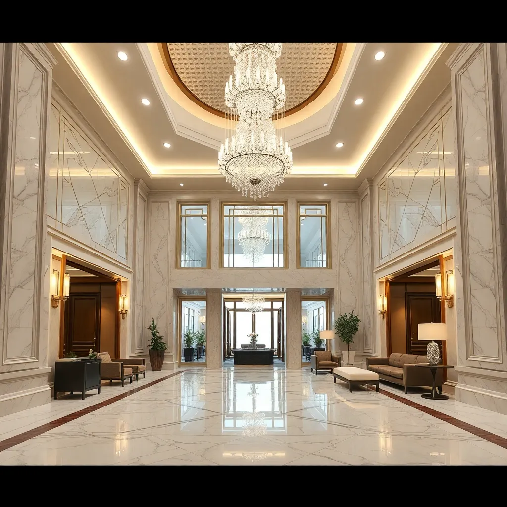 Elegant hotel lobby with marble floor, crystal chandelier, and contemporary seating area